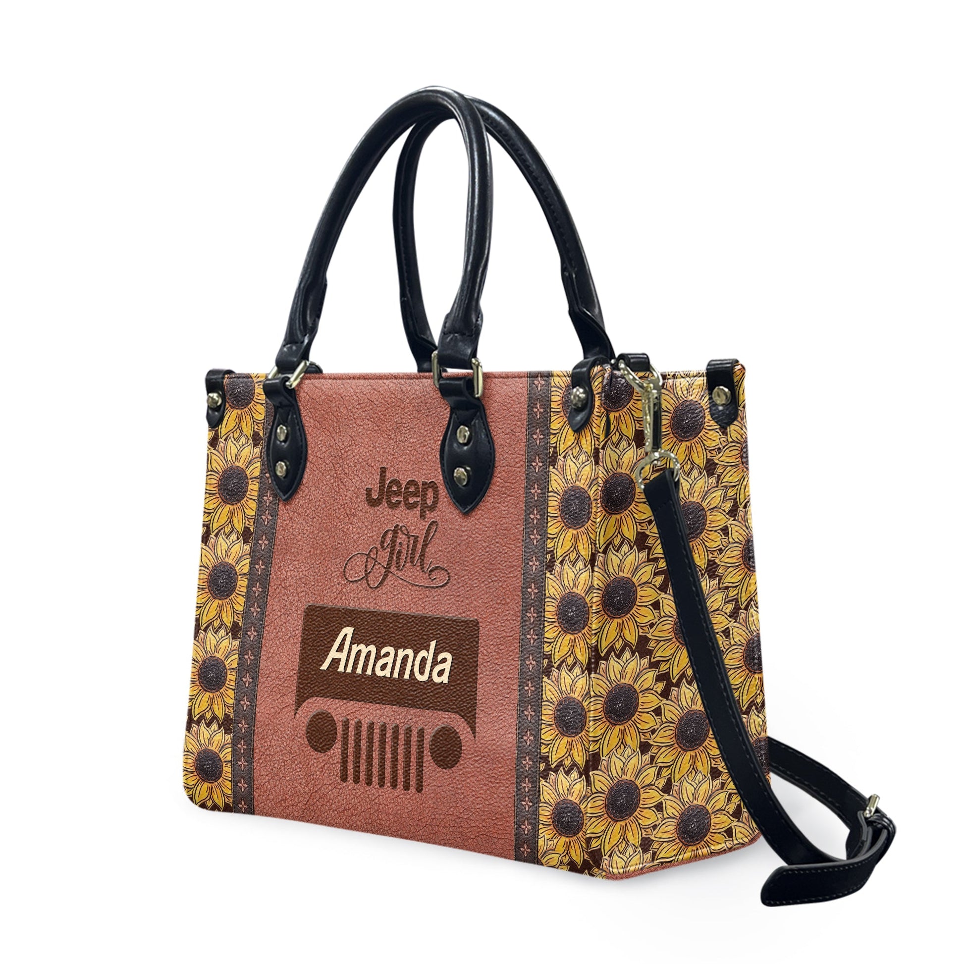 Personalized Jeep Girl Sunflower Zipper Leather Handbag