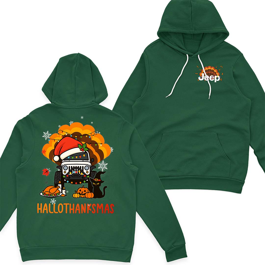 Happy Hallothanksmas Jeeps T-Shirt Hoodie Witch Turkey Deer Halloween Thanksgiving Christmas Supler Store