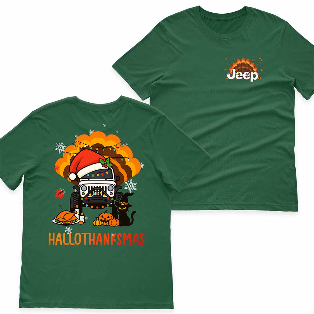 Happy Hallothanksmas Jeeps T-Shirt Hoodie Witch Turkey Deer Halloween Thanksgiving Christmas Supler Store