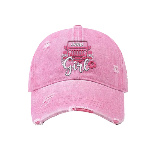 Jeep Girl Offroad Flower Hat Distressed Embroidered Washed Cotton Baseball Cap