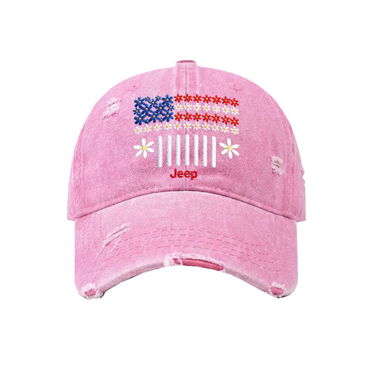 Jeep Floral American Flag Distressed Embroidered Baseball Cap
