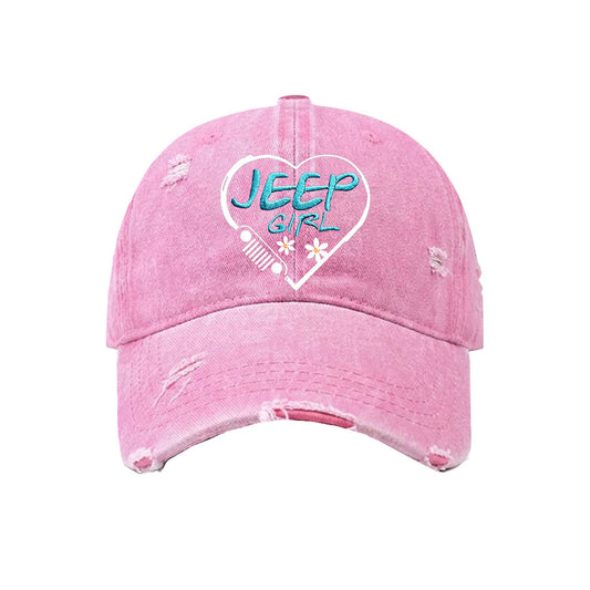 Jeep Girl Daisy Distressed Embroidered Washed Cotton Baseball Cap