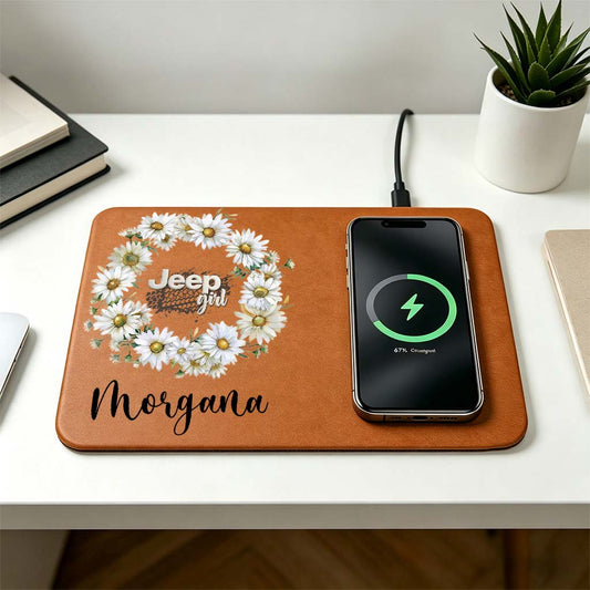 Jeep Girl Custom Birth Month Flower Leather Wireless Charging Pad