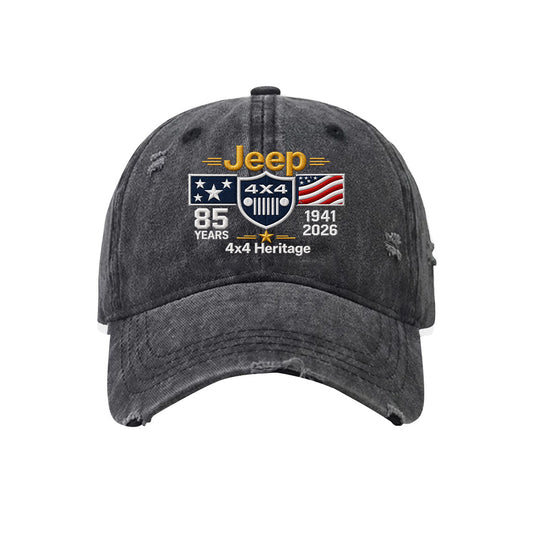 Jeep 85th Anniversary 4x4 US Flag Distressed Embroidered Washed Cotton Baseball Cap