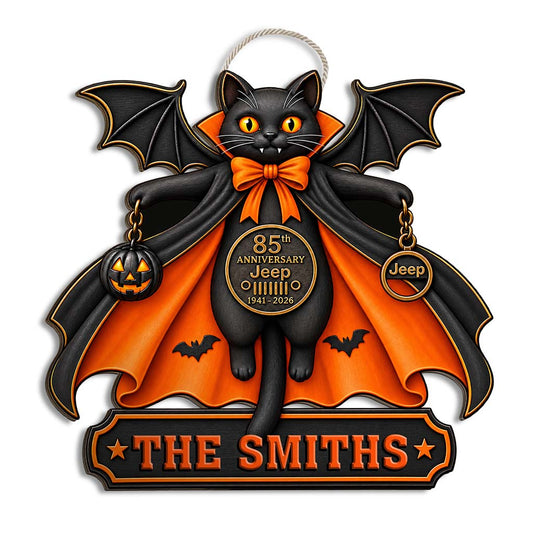 Halloween Black Cat Vampire Jeep 85th Anniversary Personalized Wood Sign