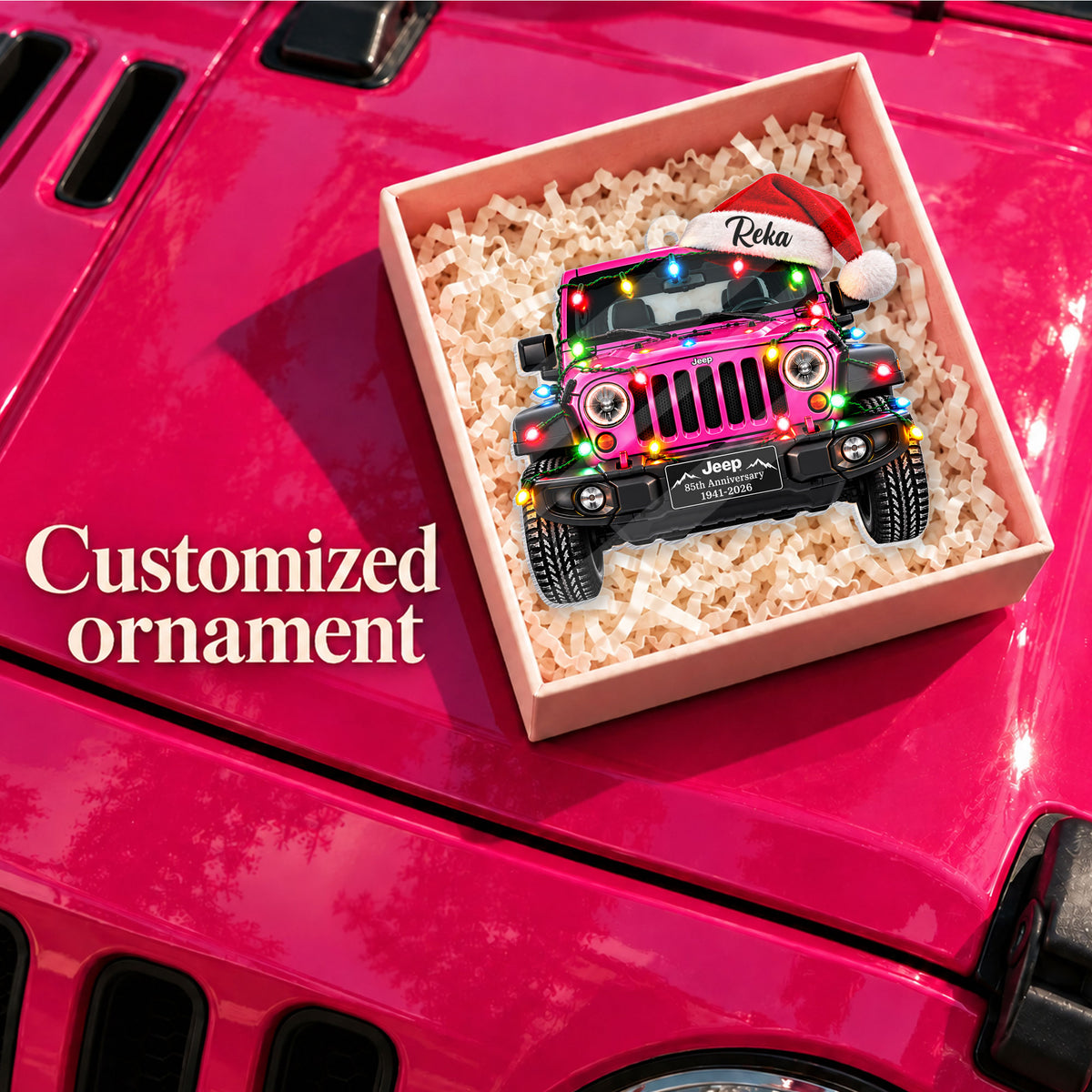 Jeep Christmas Light Personalized Acrylic Ornament - lifestyle mockup 2