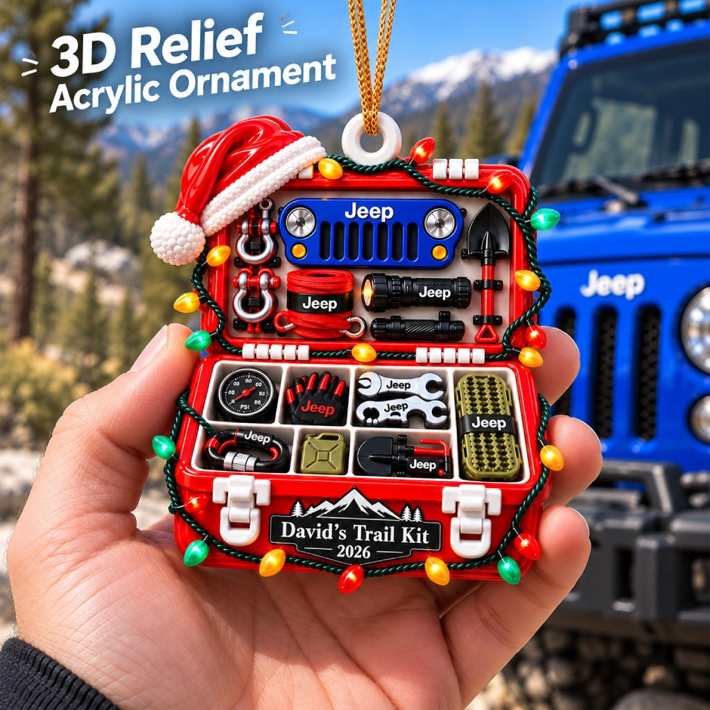 Jeep Trail Kit Box Personalized 3D Relief Ornament - lifestyle mockup