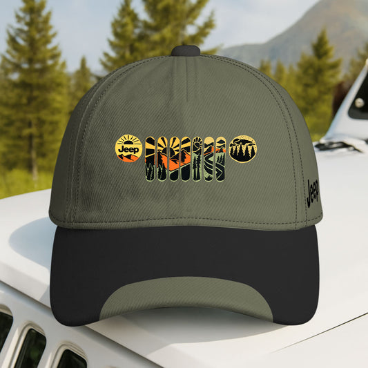 Green cap with Jeep logo on a vehicle roof against a forest background