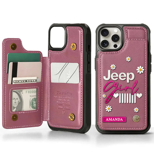 Personalized Jeep Girl Phone Case - Daisy Leather Wallet Phone Case, Custom Gifts For Jeep/ Offroad Lovers