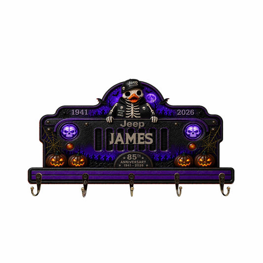 Jeep Skeleton Halloween 85th Anniversary Personalized Wooden Key Holder