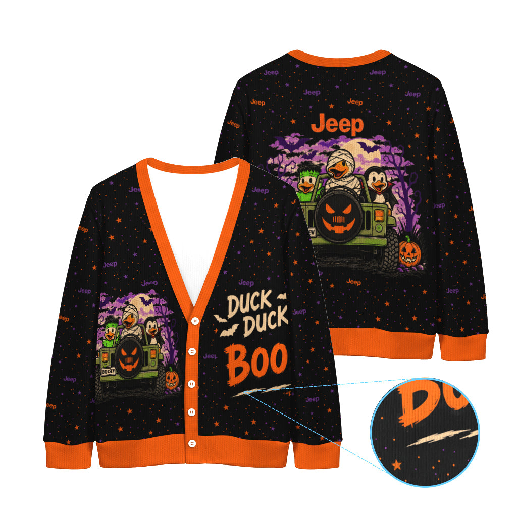 A black long-sleeve cardigan with orange trim and a Halloween-themed graphic print, shown from both the front and back. The graphic features a green Jeep with ducks driving it, pumpkins, and the words 'Duck Duck Boo'.