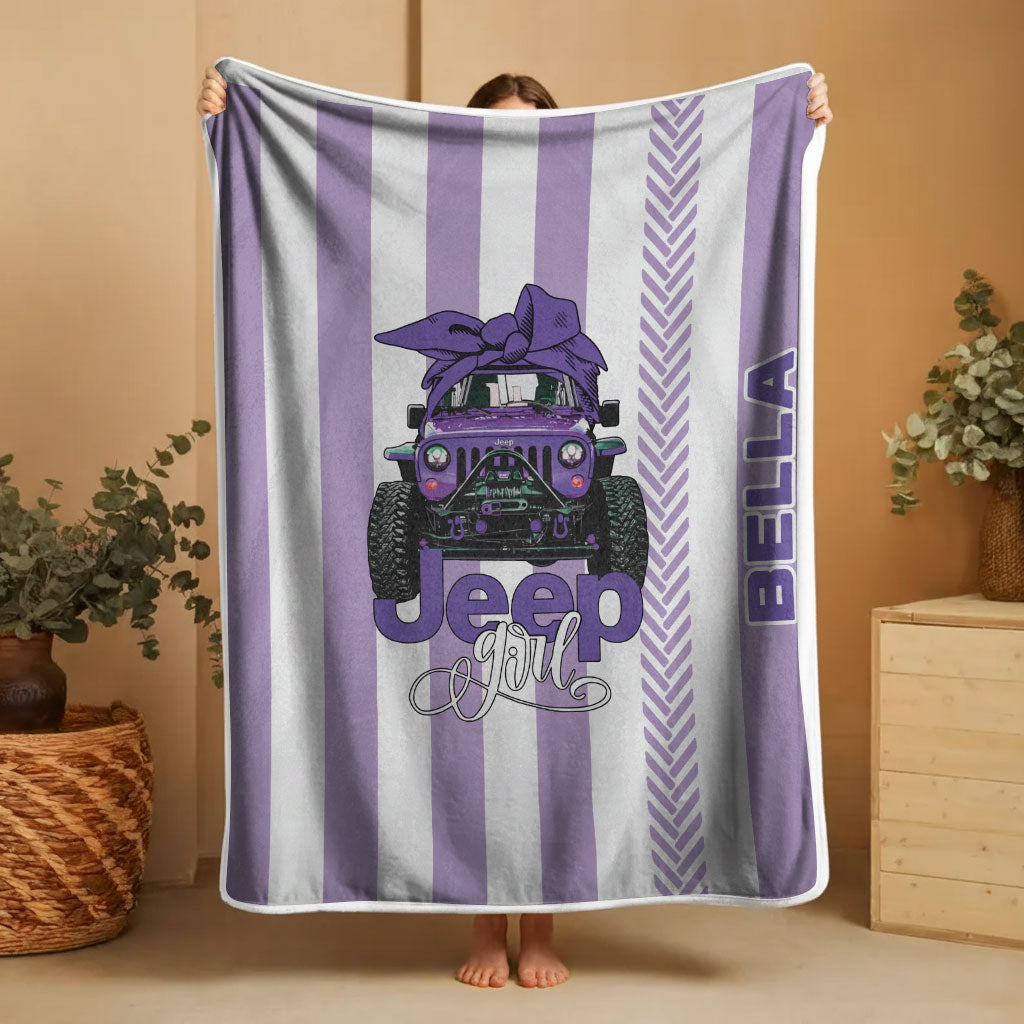 Personalized Multicolor Jeep Girl Tire Tracks Sherpa Blanket