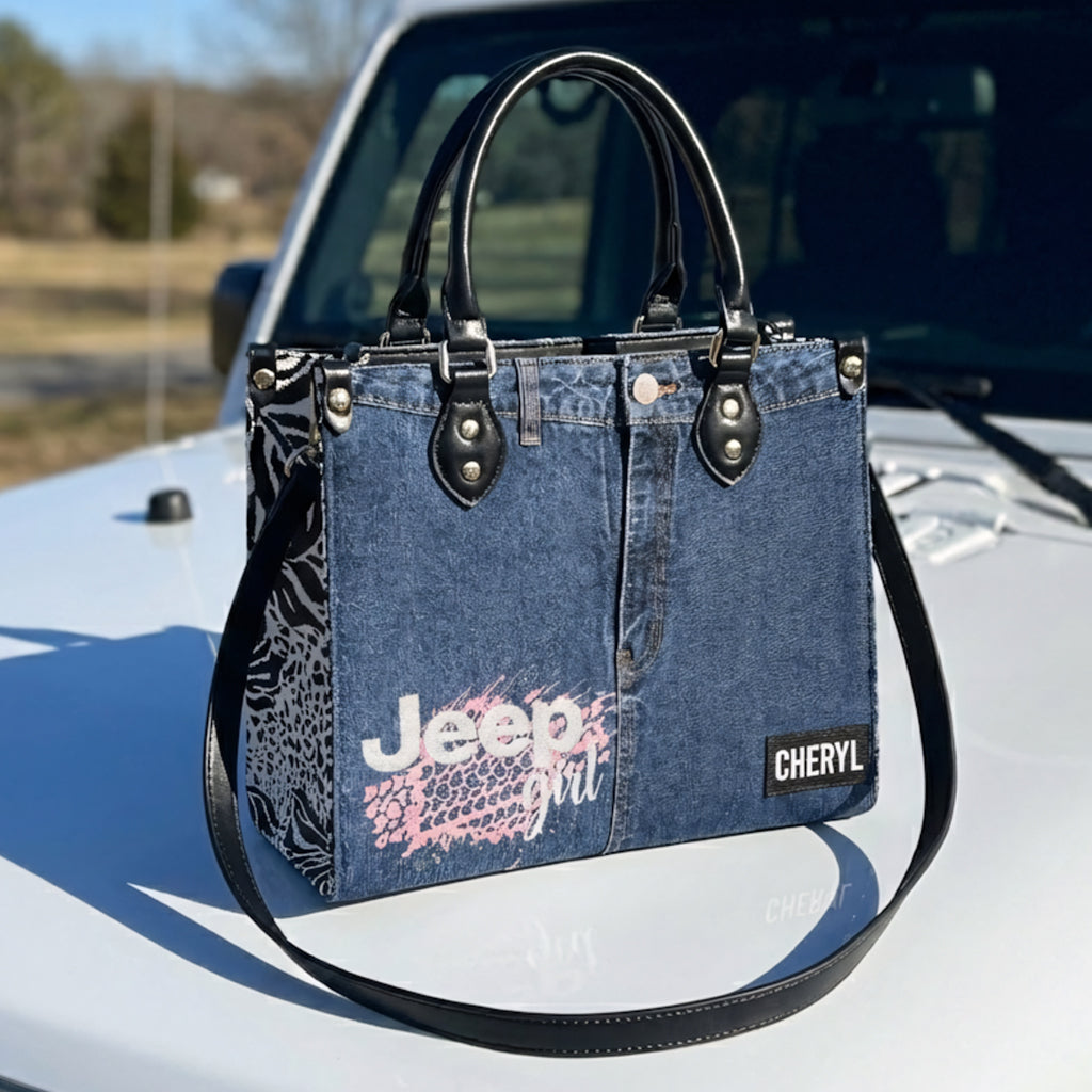 Personalized Faux Denim Effect Jeep Girl Zipper Leather Handbag