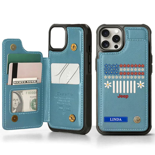 Jeep Floral American Flag Personalized Leather Wallet Phone Case