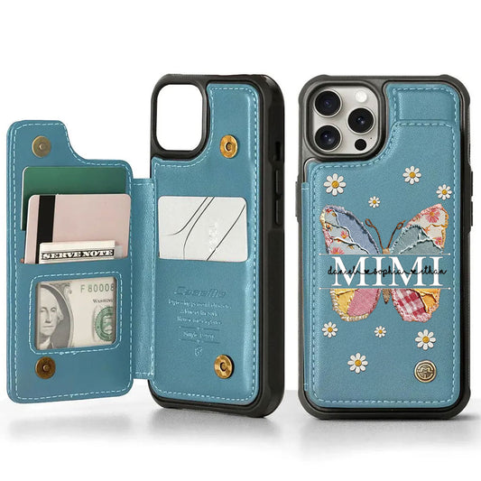 Grandma Floral Butterfly Custom Grandkids Name Leather Wallet Phone Case