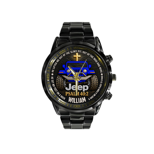 Bible Verse Psalm 40:2 Scripture Jeep Personalized Black Men Watch