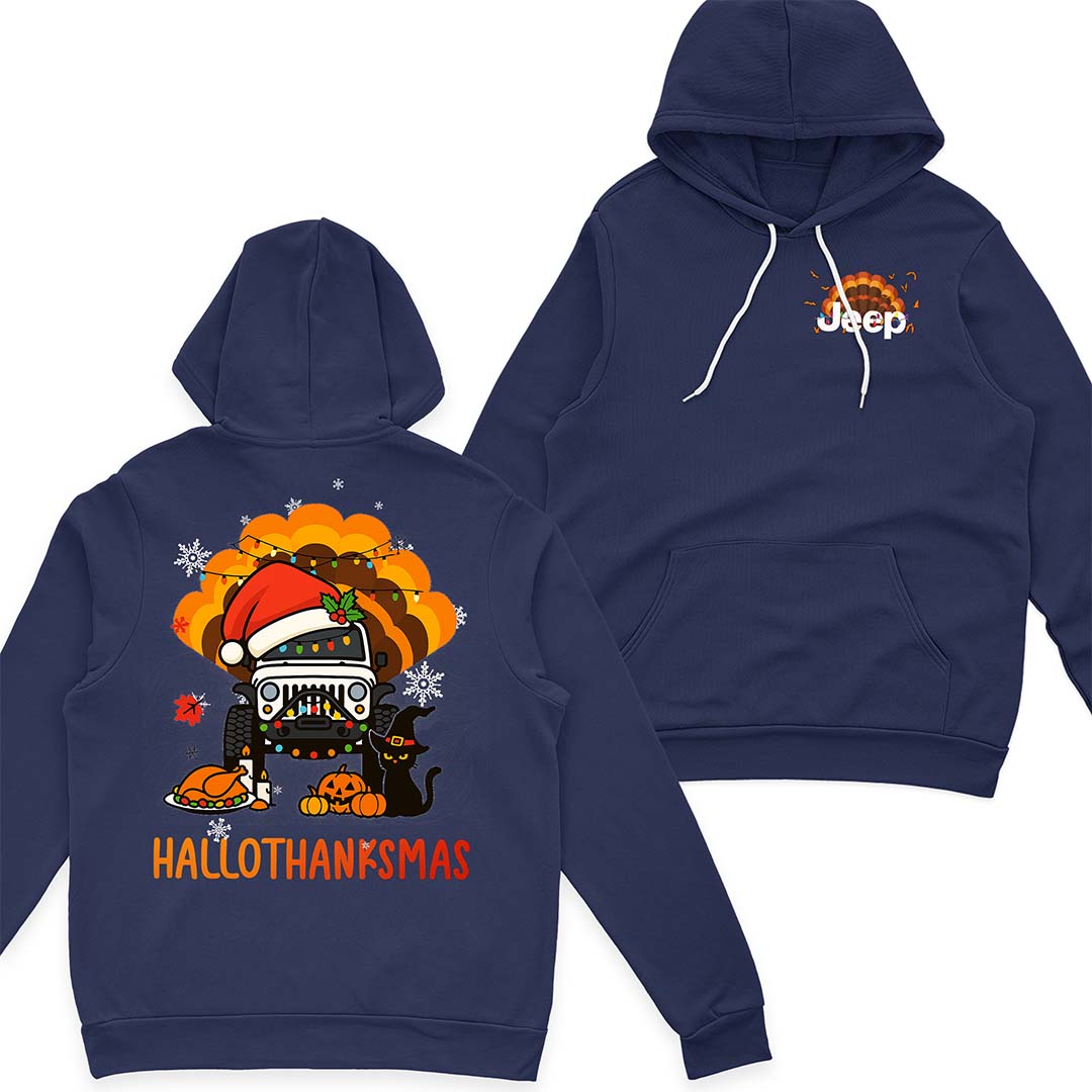 Happy Hallothanksmas Jeeps T-Shirt Hoodie Witch Turkey Deer Halloween Thanksgiving Christmas Supler Store