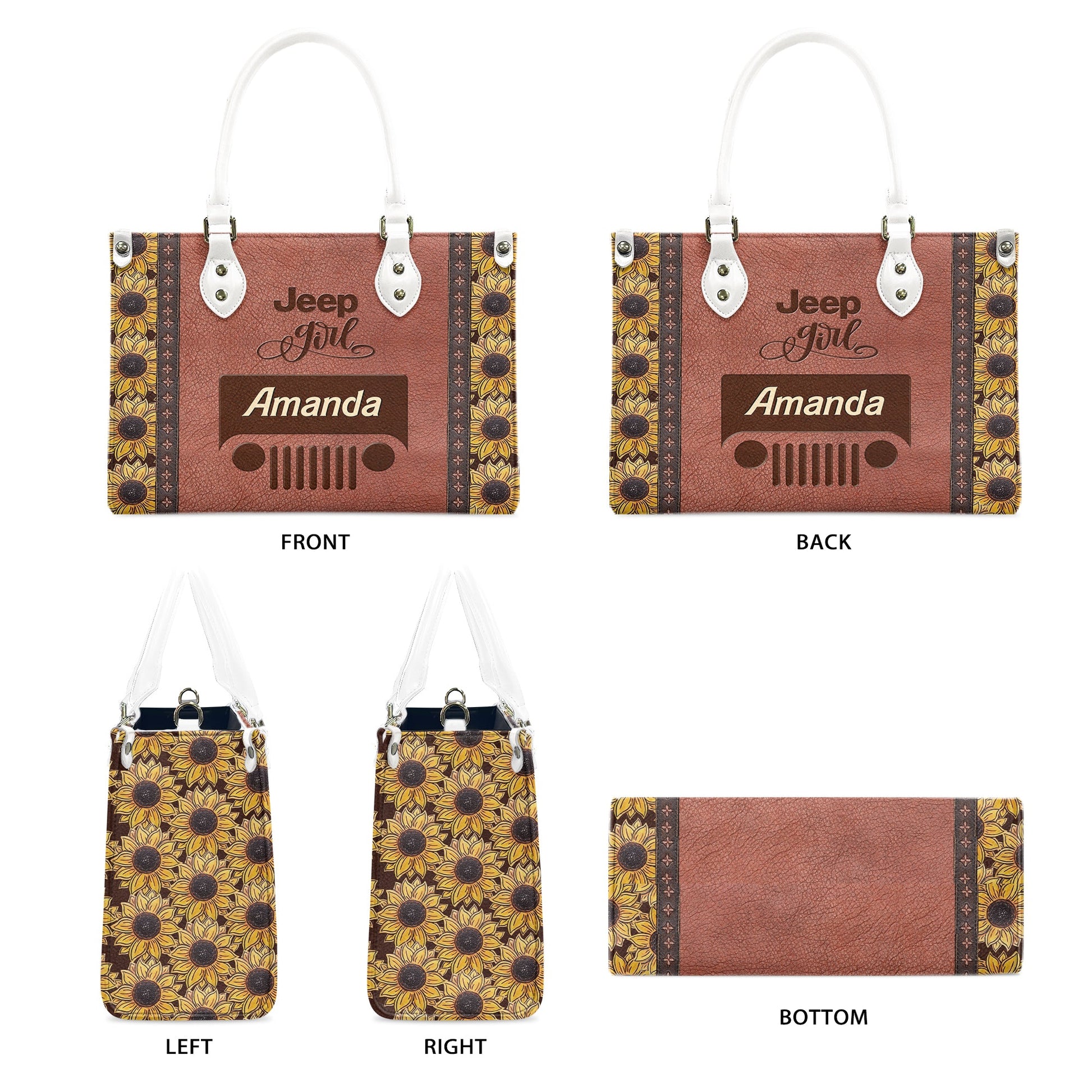 Personalized Jeep Girl Sunflower Zipper Leather Handbag