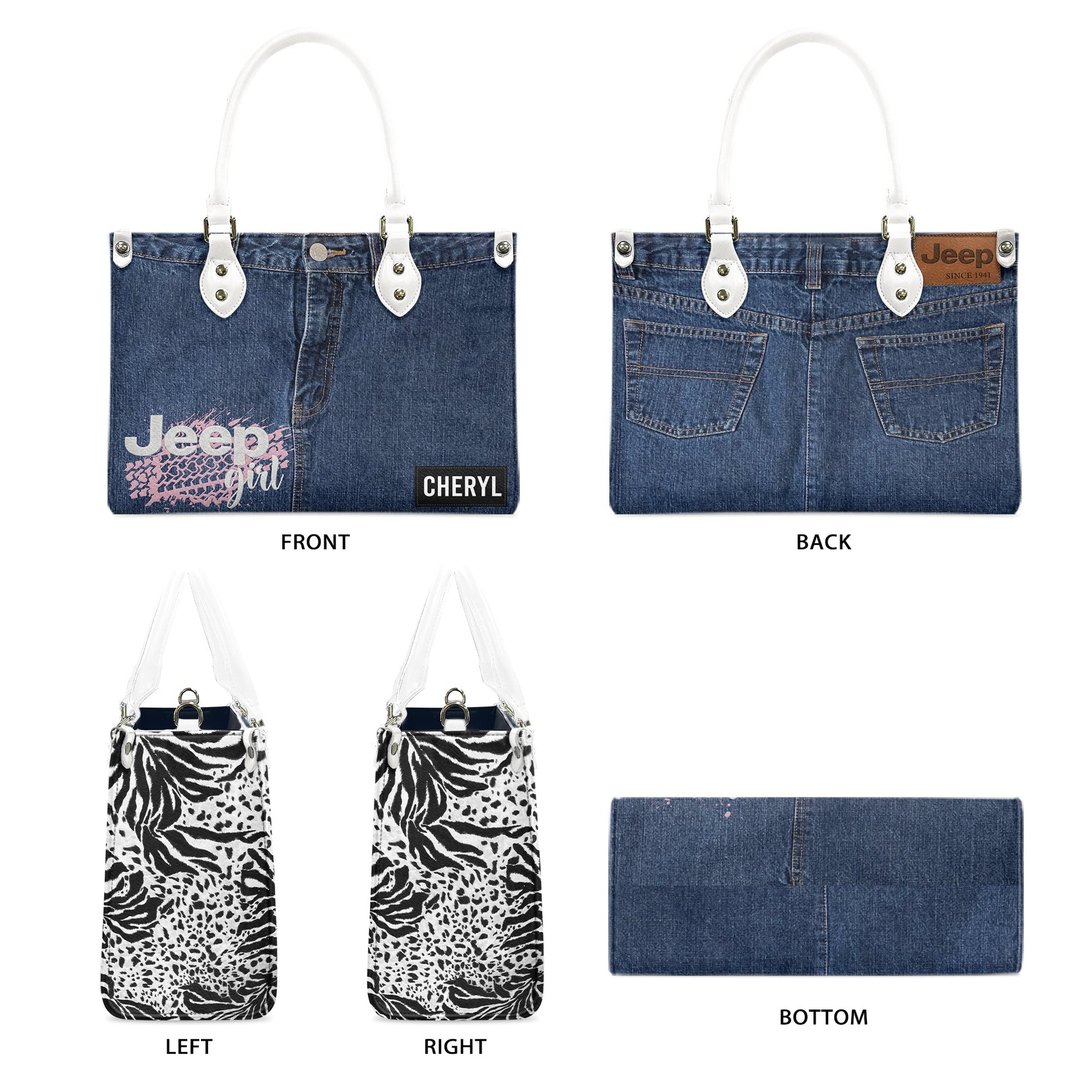 Personalized Faux Denim Effect Jeep Girl Zipper Leather Handbag